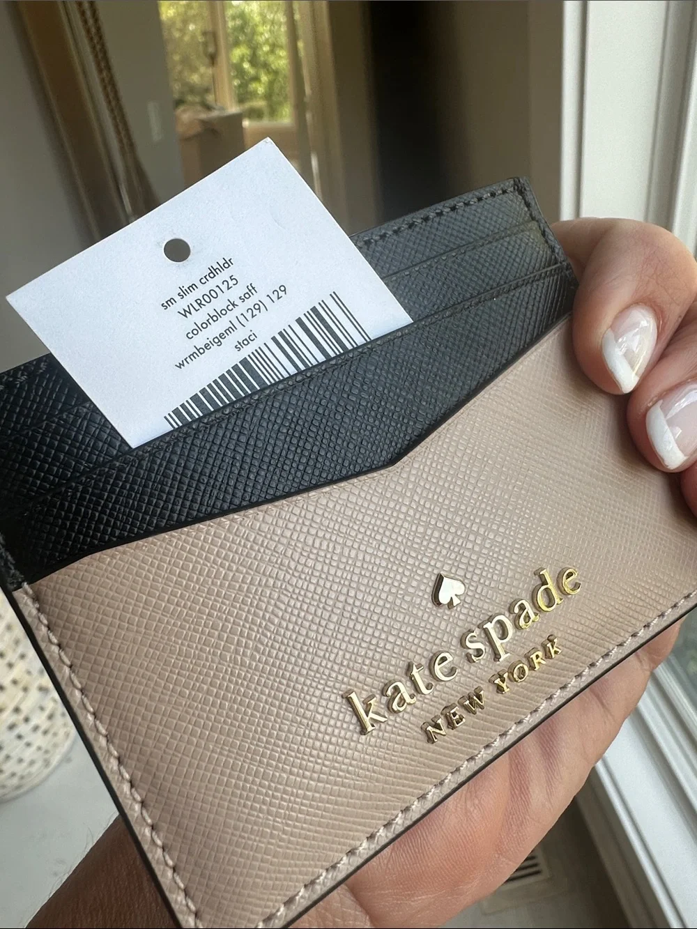 kate spade two-tone black and beige leather card holder
